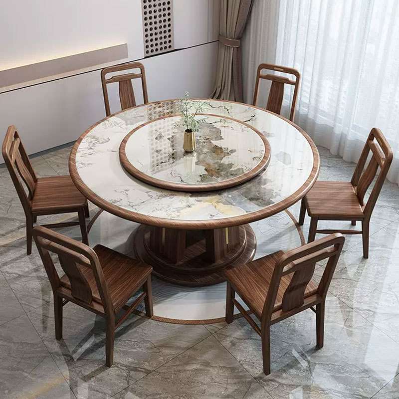 乌金木实木餐桌椅组合新中式家用岩板吃饭桌子带转盘高档圆形餐桌