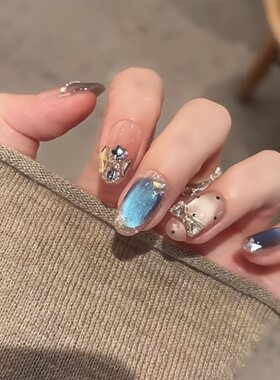 COLORHER【蓝色蝴蝶结】蓝色闪钻渐变纯手工可拆卸成品甲片