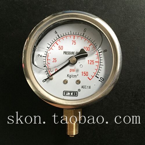FTB压力表150PSI充油不锈钢外壳60MM直立铜接头防震液压表0-10KG