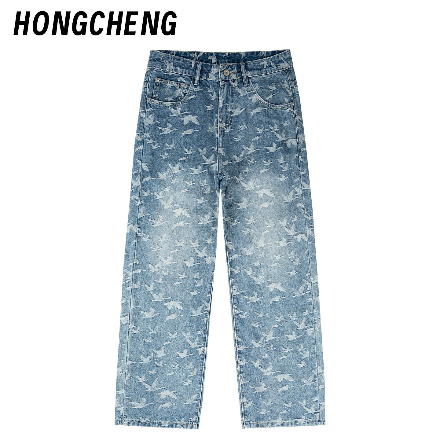 HONGCHENG美式高街白鹤提花牛仔裤男士潮牌时尚百搭直筒休闲长裤