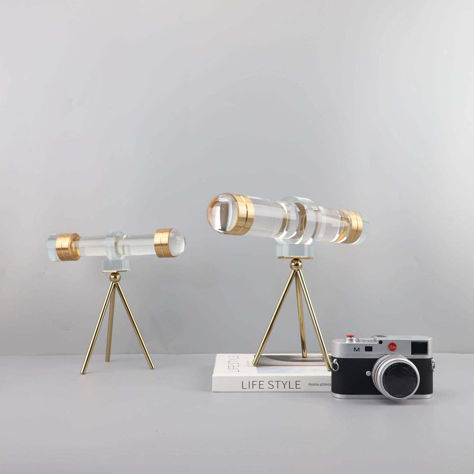 北欧轻奢创意水晶金属望远镜摆件样板间客厅桌面玄关家居装饰品