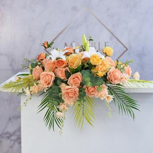 会议桌摆花发言台演讲台花仿真花公司前台摆件签约桌花迎宾签到花