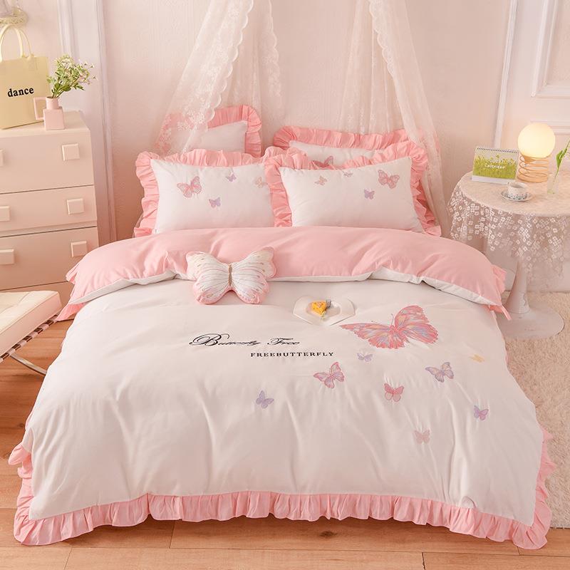 四季云锦棉刺绣花韩版花边被套床裙三四件套床罩床单