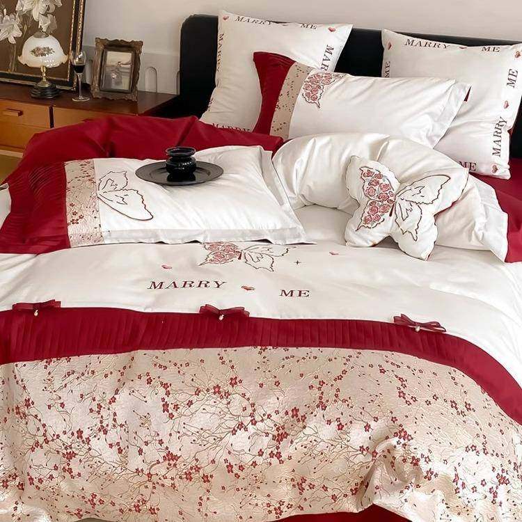 婚庆100S长绒棉全棉床单四件套精致蝴蝶刺绣纯棉拼接被套床上用品