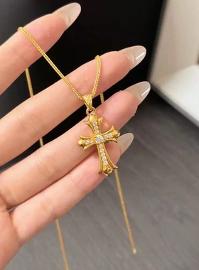 金店同款沙金仿真金十字架项链女新款轻奢小众高级感锁骨链送女友