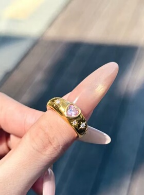 卡纯诗轻奢黄金色星芒爱心镶钻戒指女可调节开口戒仿真金沙金指环