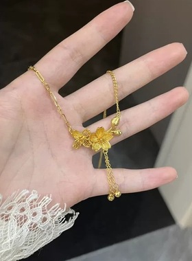 金店同款沙金仿真金999流苏双生花项链桃花链锁骨链三金套链精致