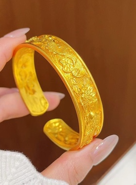 卡纯诗沙金锦鲤戏莲开口手镯女高级感手环手串送礼新款仿真金镯子