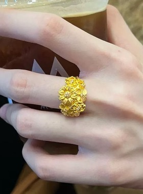 金店同款沙金仿真金繁花锦簇戒指女高级感指环送女友礼物新款