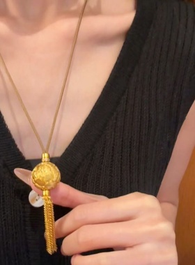 卡纯诗仿金沙金黄金色古法牡丹绣球流苏项链毛衣链女轻奢锁骨链