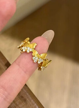 卡纯诗仿真金沙金蝴蝶花朵戒指女黄金色水钻轻奢指环小众设计感