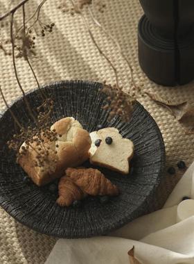 栗石侘寂风复古仿碳化木裂纹果盘中式客厅桌面茶几收纳置物盘摆件