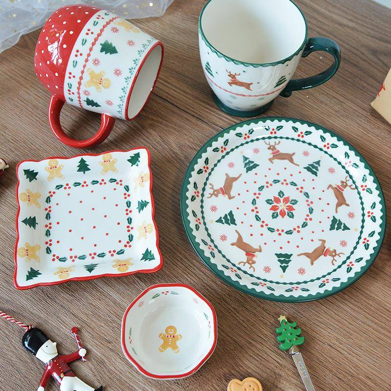 限量出口ins圣诞麋鹿姜饼人餐具复古韩式风餐盘饭碗水杯子马克杯