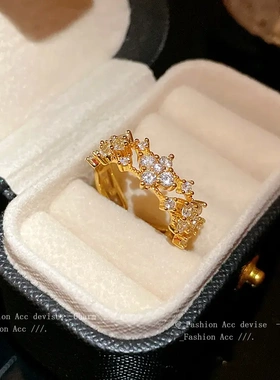 真金电镀锆石花朵开口戒指韩系ins轻奢食指戒通勤个性精致手饰女