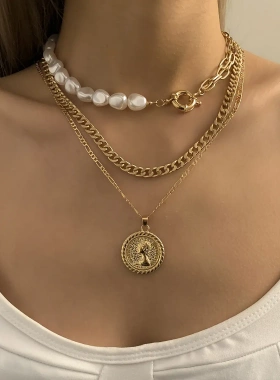 欧美饰品 气质仿珍珠链条拼接项饰 复古嘻哈女王头像吊坠项链