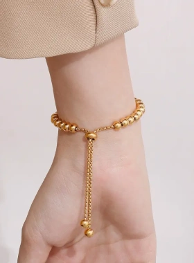 时尚饰品不锈钢简约18k真金串珠圆牌硬币吊坠可调节钛钢手链