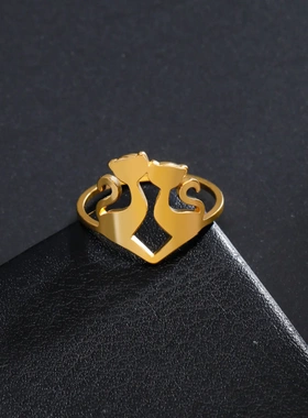 欧美个性流行可爱双猫咪紧紧依偎卷尾猫戒指时尚不锈钢情侣指环