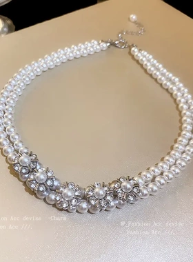 巴珍珠镶钻花朵双层项链法式时尚锁骨链轻奢小众气质项饰