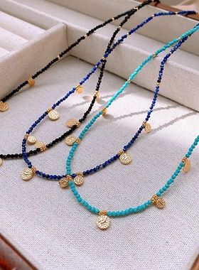 真金电镀字母圆形黑水晶串珠几何形项链简约气质锁骨链高级感项饰