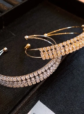 欧美时尚方形锆石开口手镯夸张气质超闪手环轻奢高级感手饰女