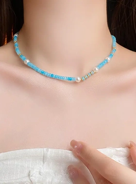 蓝色天河石串珠珍珠项链时尚气质潮流锁骨链新中式轻奢高级感项饰