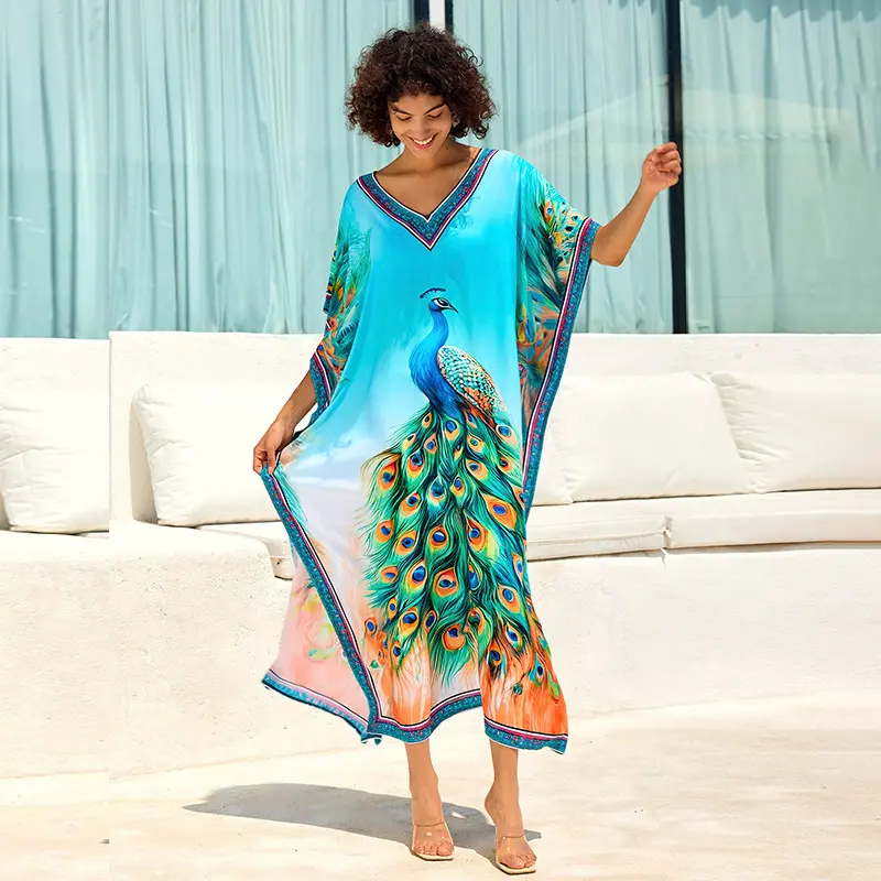 新款欧棉定位印花宽松沙滩罩衫度假连衣长裙大码长袍泳衣防晒