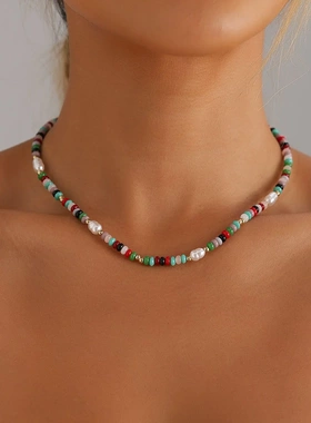 欧美饰品 多巴胺彩色米珠仿珍珠锁骨链清新ins风感项链女