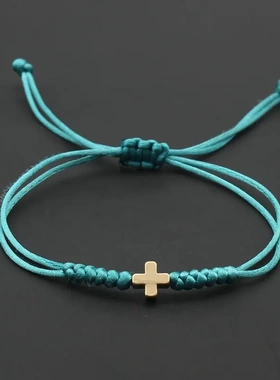 欧美新品手工编织可调绳手链时尚金色十字架手链男女手饰工厂直供