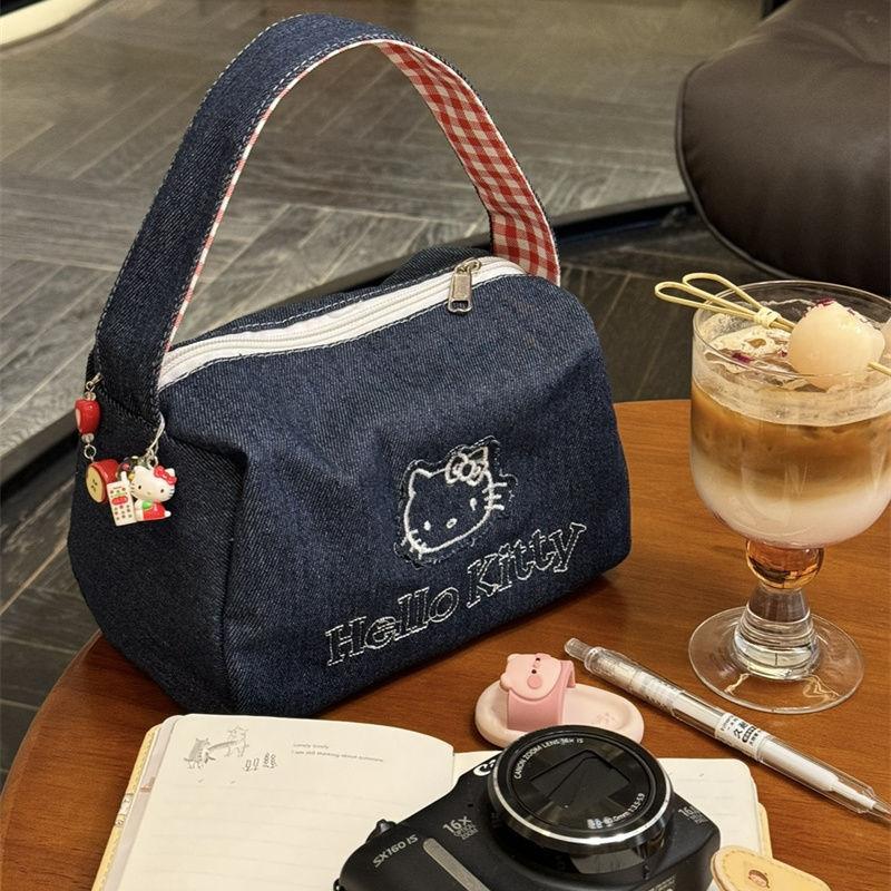 可爱kitty牛仔手腕包手提袋帆布大容量上班族饭盒袋手拎便当包女