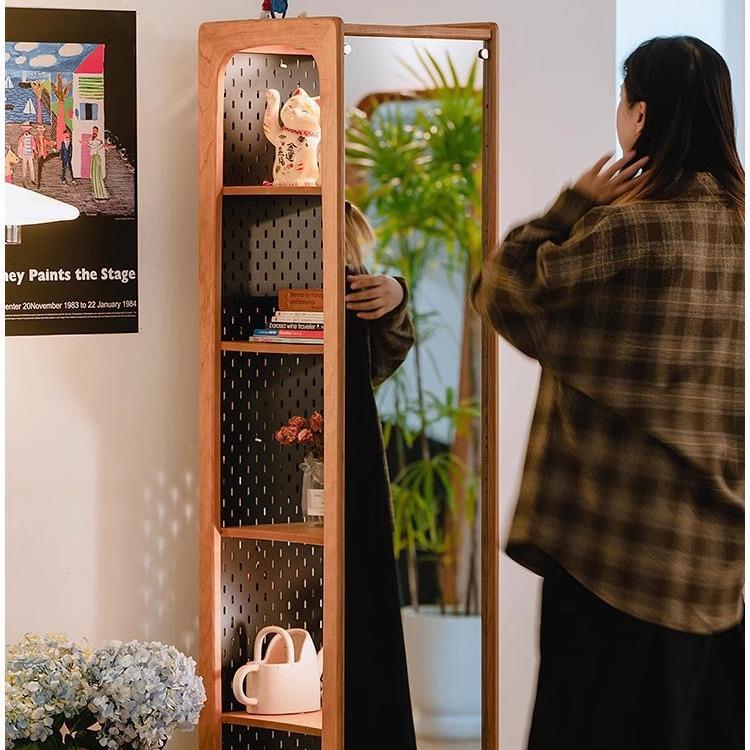 双子旋转穿衣镜实木旋转书架樱桃木落地全身镜书柜储物架书架