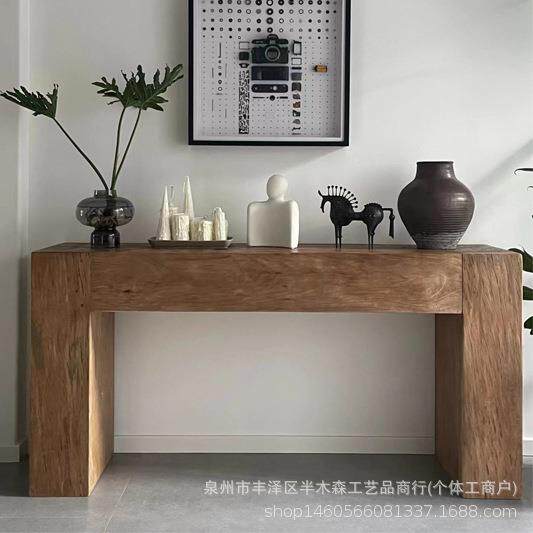 美式原木玄关桌复古做旧实木进户条案工业风民宿靠墙装饰展示台