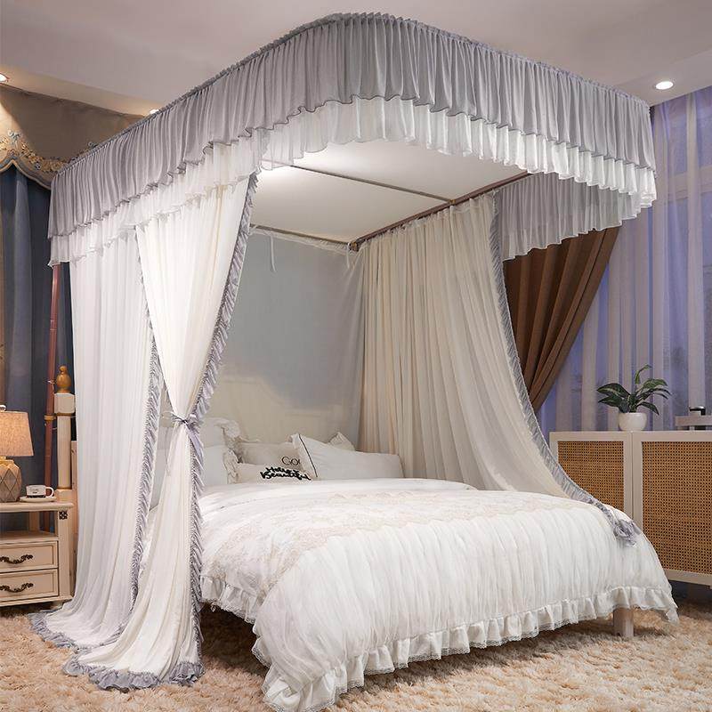 A6L双层导轨蚊帐新款公主U型轨道防尘遮光家用卧室三开门落地加粗