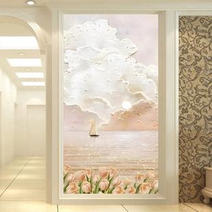 现代法式 无缝走廊过道莫奈风景壁画3d壁纸 入户玄关装 饰画轻奢竖版