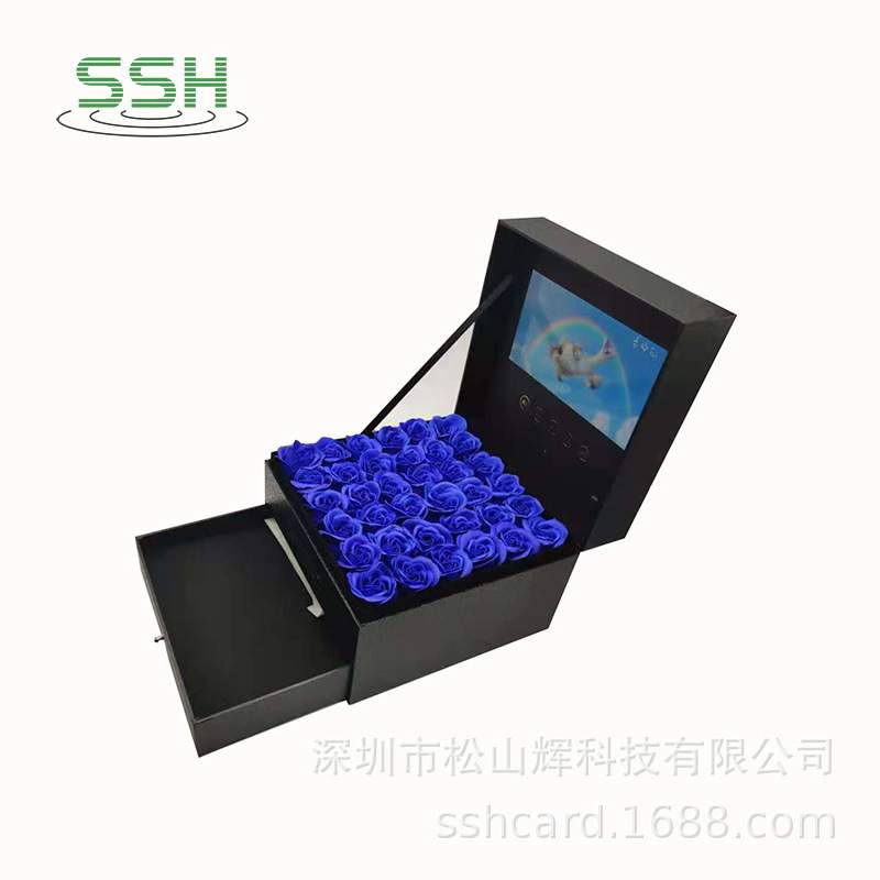 拍品现货7寸玫瑰花抽屉盒高档LCD视频贺卡礼品盒子情人节礼物盒