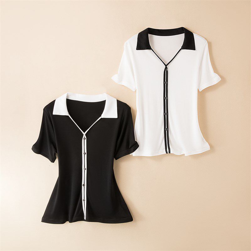 撞色短袖双面针织真丝衬衣女士夏季薄款黑白色套头衬衫POLO领上衣