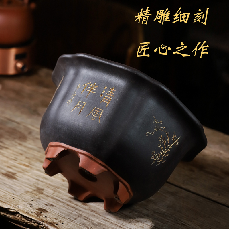 宜兴原矿紫砂精品葵式六方盆梅花老桩盆虎皮兰君子兰花盆多肉盆