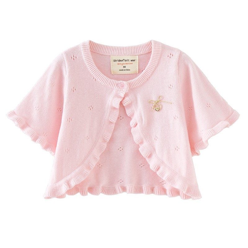 女童毛衣开衫薄款夏短袖婴幼儿宝宝花边透气空调针织衫披肩外套
