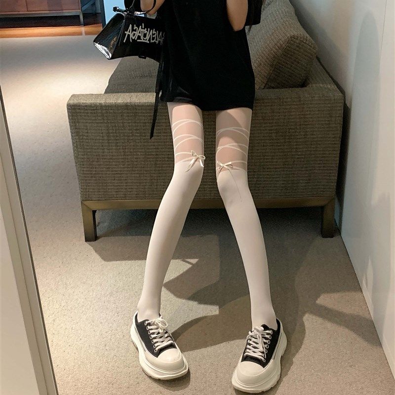 交叉绑带蝴蝶结拼接白色丝袜女薄款假中筒高筒连裤袜黑丝性感袜子,女士内衣/男士内衣/家居服,连裤袜/打底袜,淘宝优惠券,粉丝福利购,淘宝优惠卷