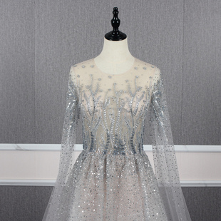 仙女款 飘肩拖尾大摆晚礼服新娘敬酒裙奢华主持演出长裙 银灰色长袖
