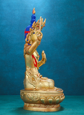 文殊菩萨佛像摆件纯铜精工仿尼泊尔全鎏金雕花藏密宗文殊普贤佛像