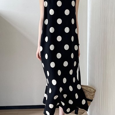 YNVN杏色波点无袖背心连衣裙女夏季2024新款法式圆领显瘦长裙子