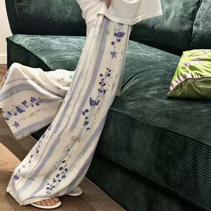 条纹紫色棉绸女裤夏季薄款垂感