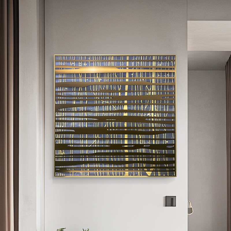 蓝幕金弦现代简约不锈钢装饰画客厅餐边柜玄关卧室高级感实物装置