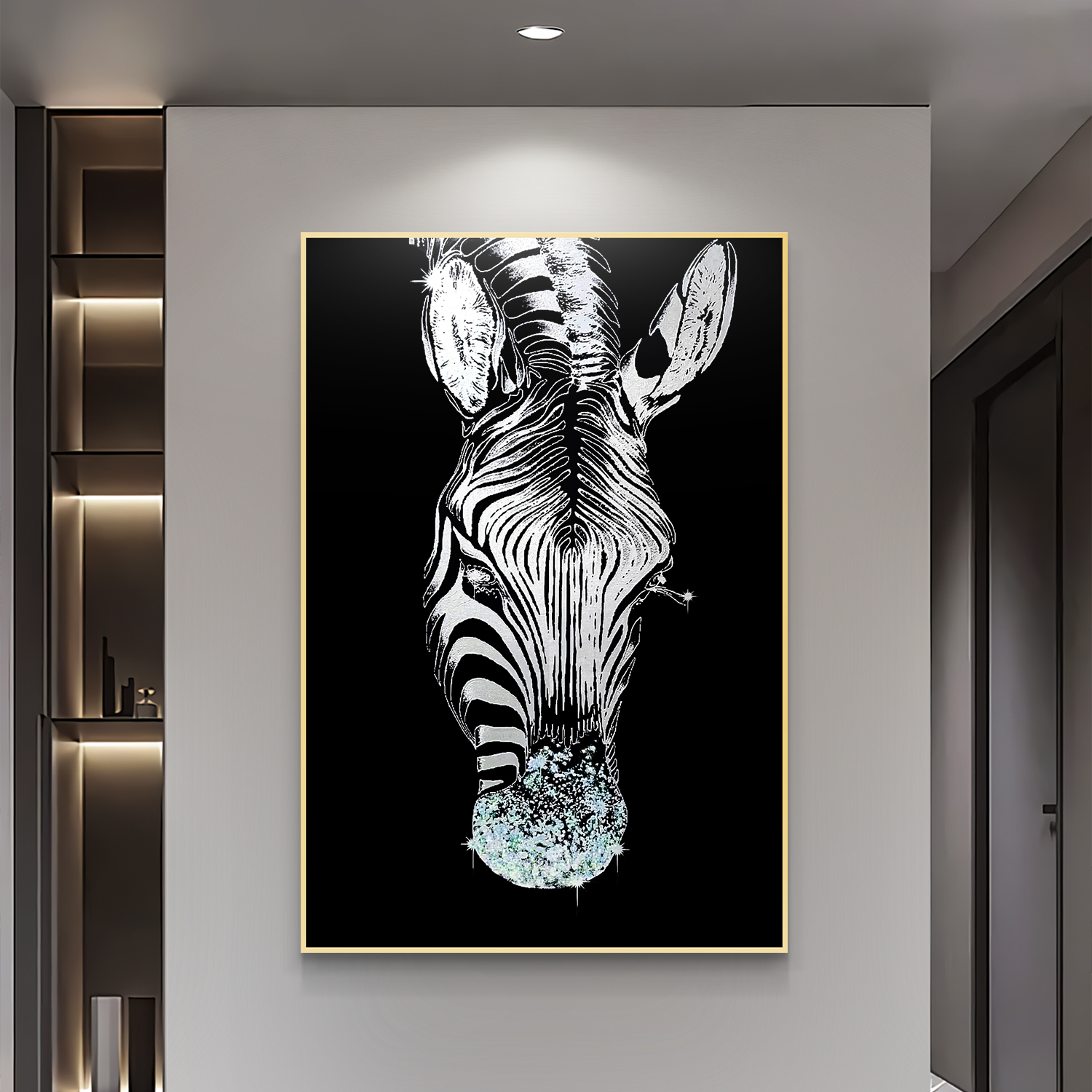 黑白斑马玄关走廊艺术装饰画客厅餐厅艺术画现代简约镶钻装饰画图片
