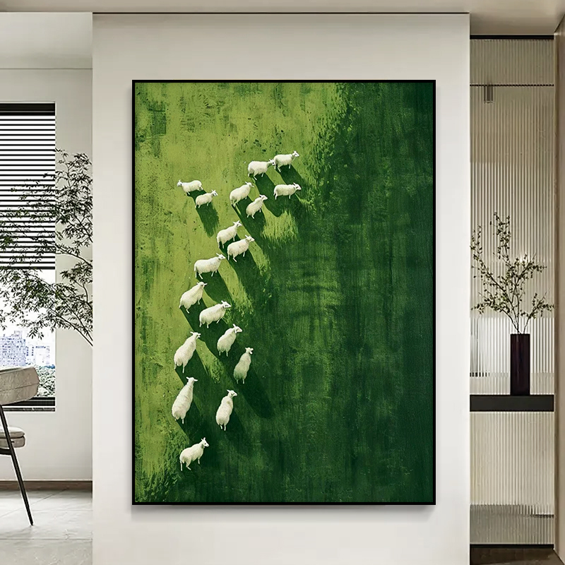 绿野羊群风景客厅餐厅卧室装饰画玄关艺术挂画高端定制手绘油画图片