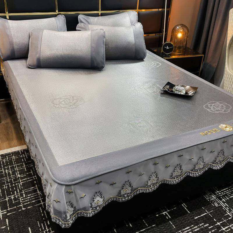 高端款A类夏季1800D冰藤席三件套床裙款加厚花边刺绣床笠款冰丝席
