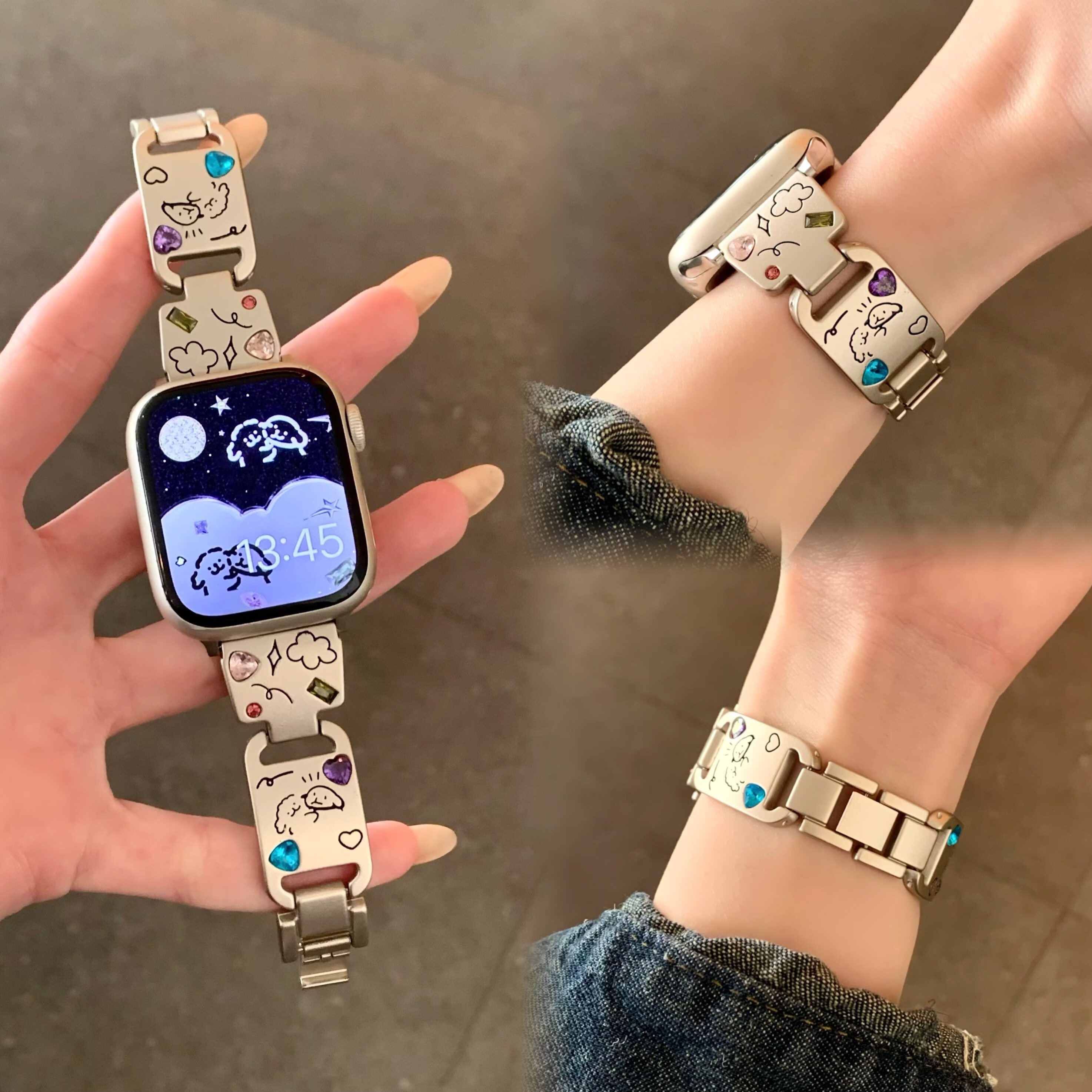 KLKL 可爱不锈钢金属彩钻小狗链条手表带适用苹果iwatchs11表带applewatch987透气iwatchs10腕带气质女款