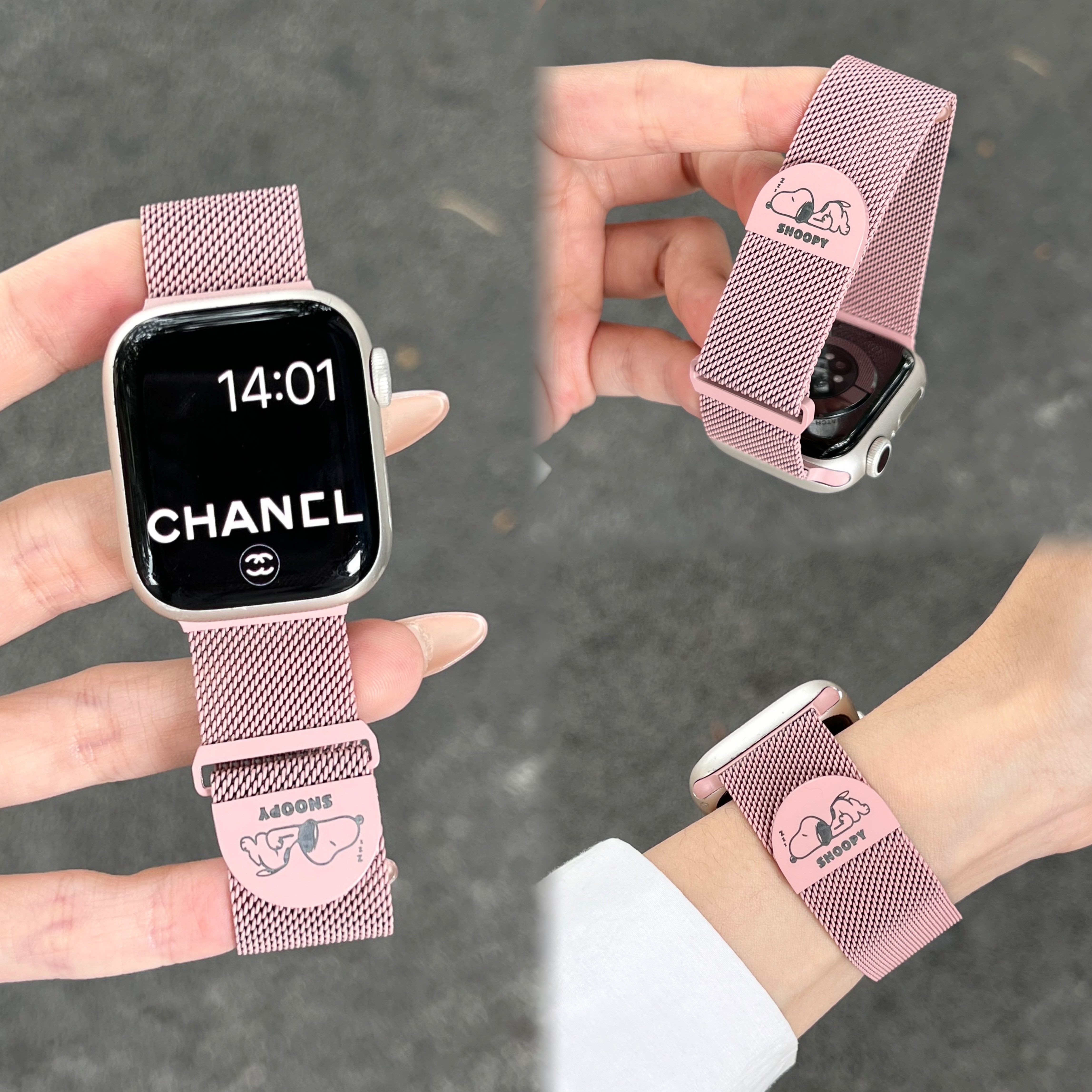 KLKL 夏天新款适用苹果磁吸表带iwatch10/s11透气可爱史努比金属钢带米兰尼斯iwatch9手表带S8运动applewatch