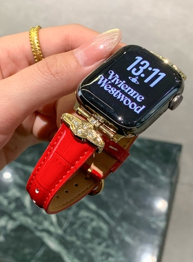 KLKL[轻奢小香风]适用苹果iWatch西太后土星高级感金属拼亮面真皮表带 Apple Watch女腕带Series10 SE Ultra