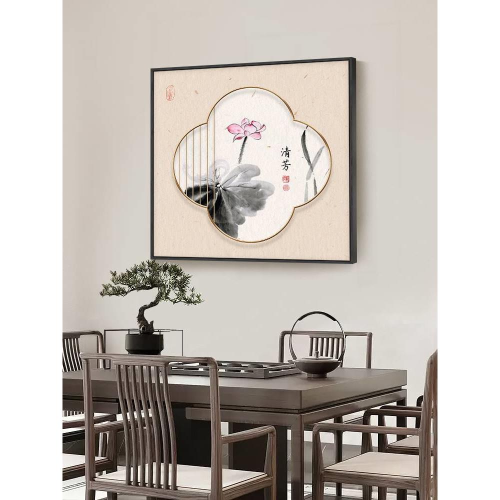 禅意荷花装饰画正方形壁画新中式客餐厅挂画玄关走廊茶室墙面莲花图片